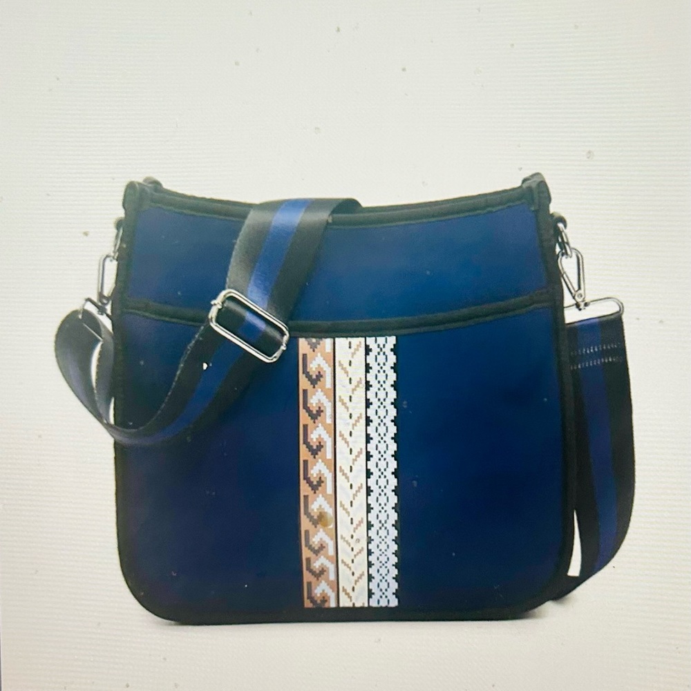 Crossbody Shoulder Bag with Decorative Stripe - Navy